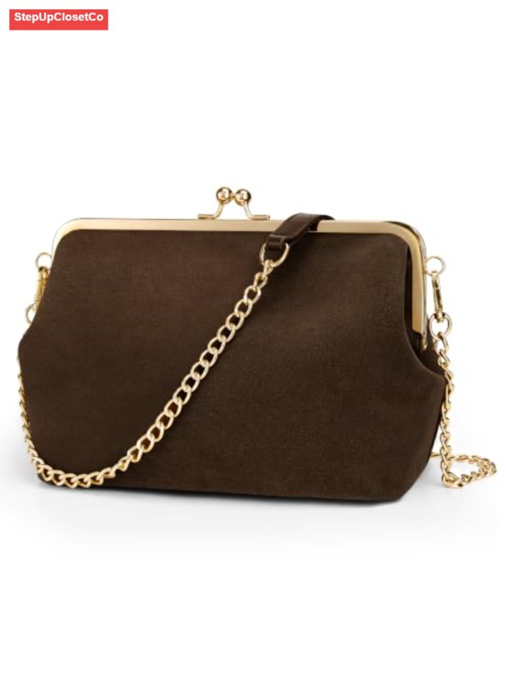Kiss Lock Shoulder Bag Women Crossbody Purse Detachable Strap Faux Suede Clutch